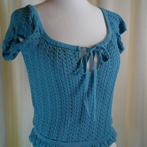 Guess Teal Knit Puff Sleeve Crop Top with Front Tie Size S - Picture 6 of 8